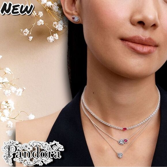 New Pandora Sterling Silver Halo Hearts Stud Earrings with Dust Bag - Picture 8 of 10